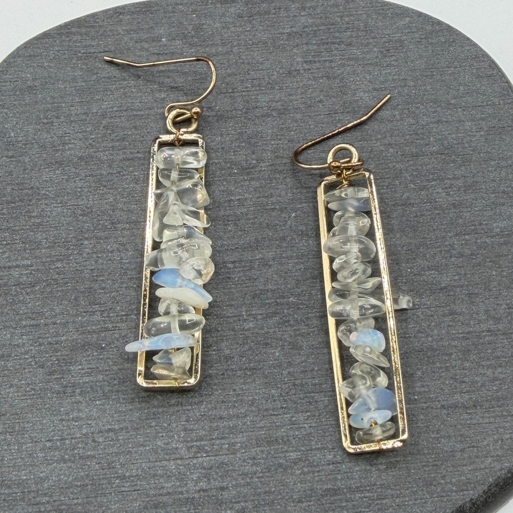 Gold Tone Clear Crystal Iridescent Chip Bar Drop Earrings Boho Statement Gift